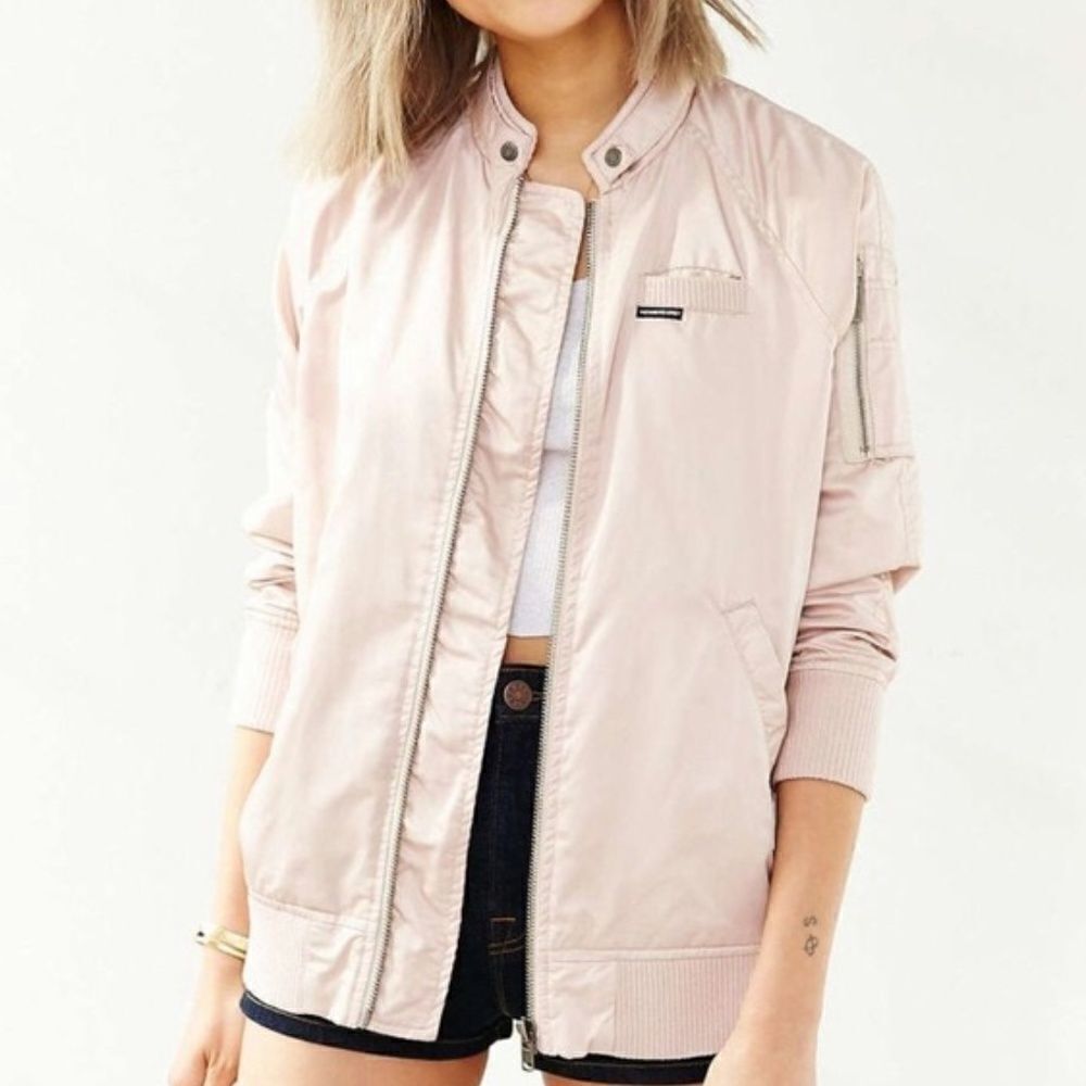 UO Members Only Pink Satin Bomber Jacket